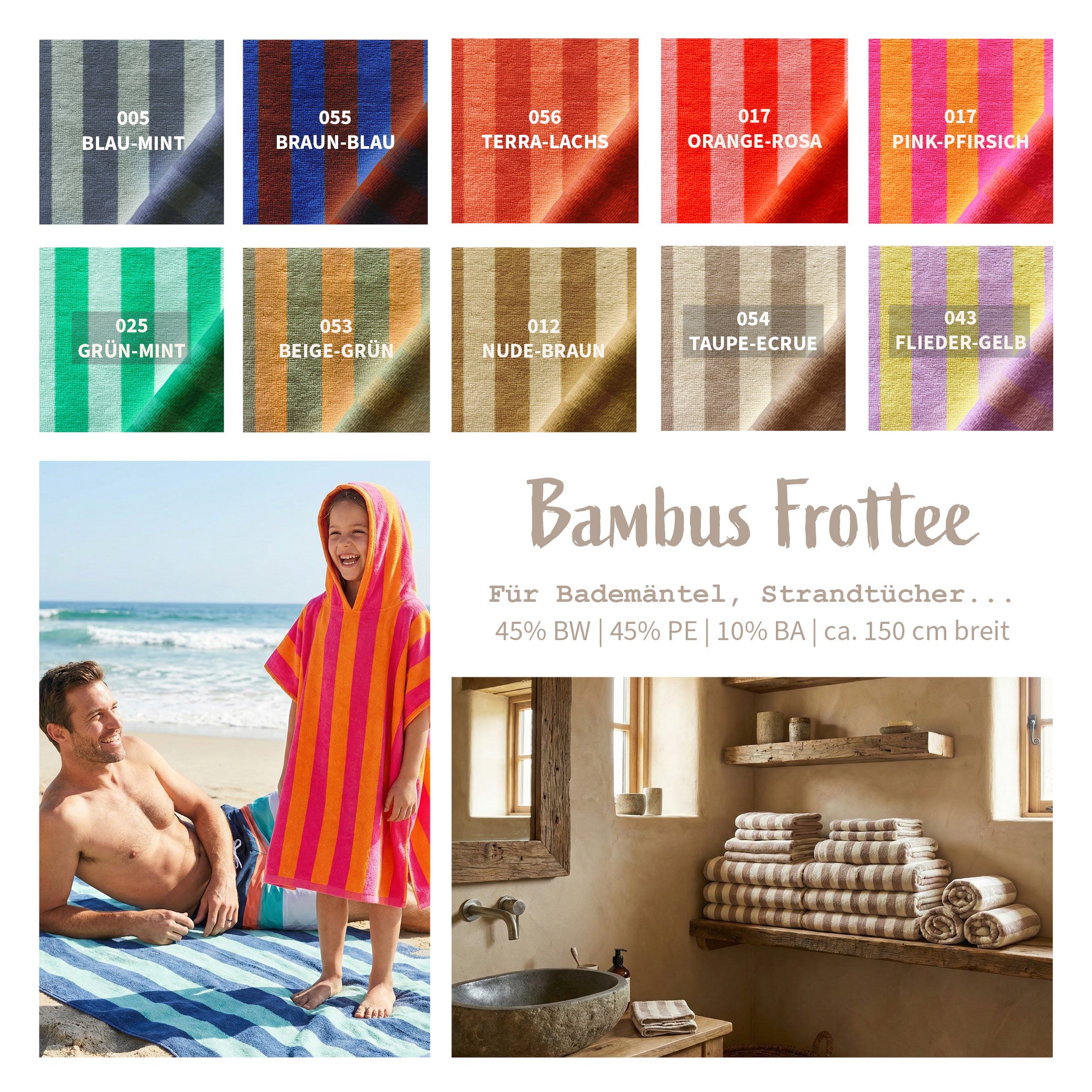 Frottee aus Bambus Meterware - Stoff fr Badetuch gestreift *Ab 50cm |  Leinen Lodge