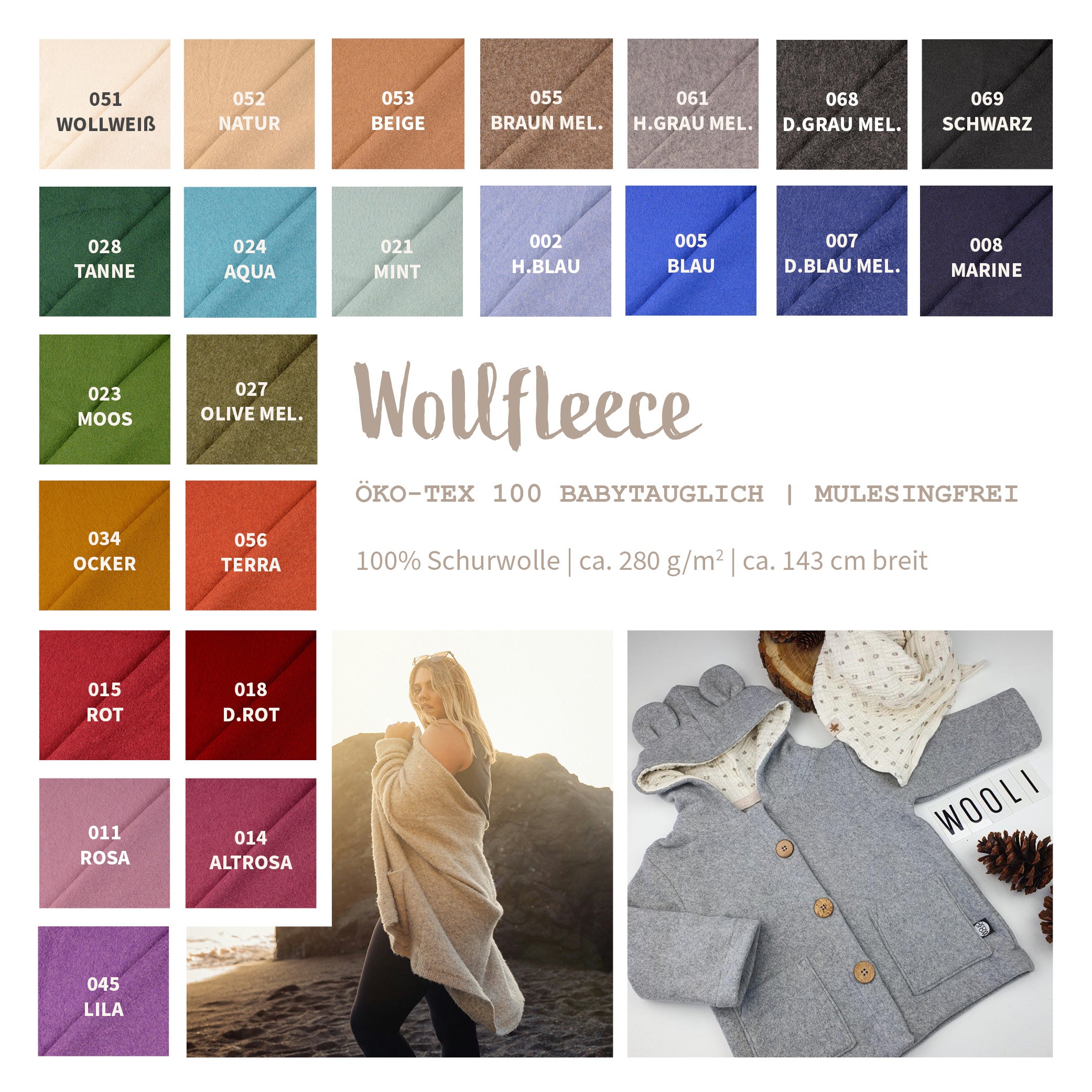 Wollfleece Meterware Aus 100% Schurwolle, 280g/m², 143cm Breit, Mulesingfrei, Farbe Moos