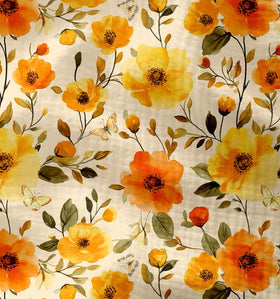 Musselin Blumen orange auf creme *Ab 50 cm