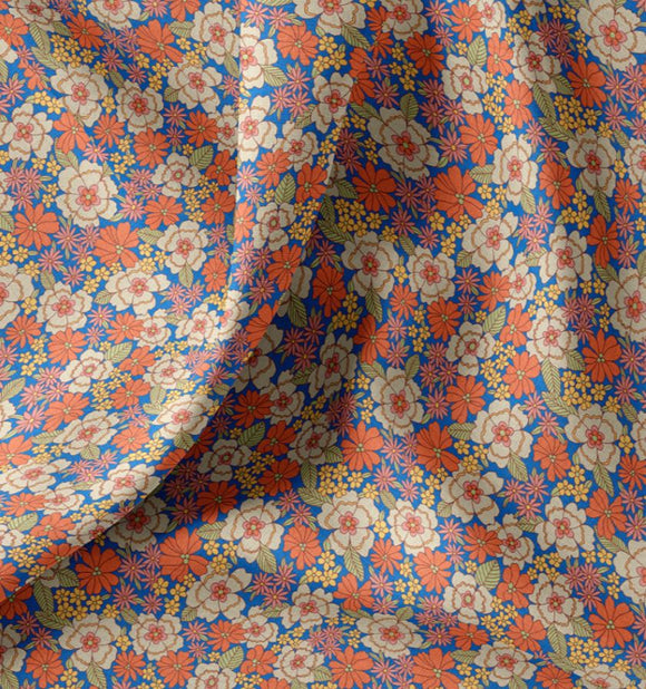 Baumwolle bedruckt Blumen orange auf blau *Ab 50cm