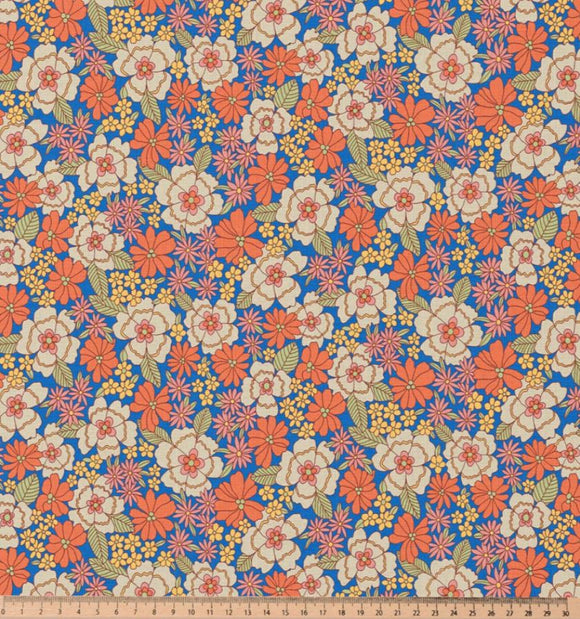Baumwolle bedruckt Blumen orange auf blau *Ab 50cm
