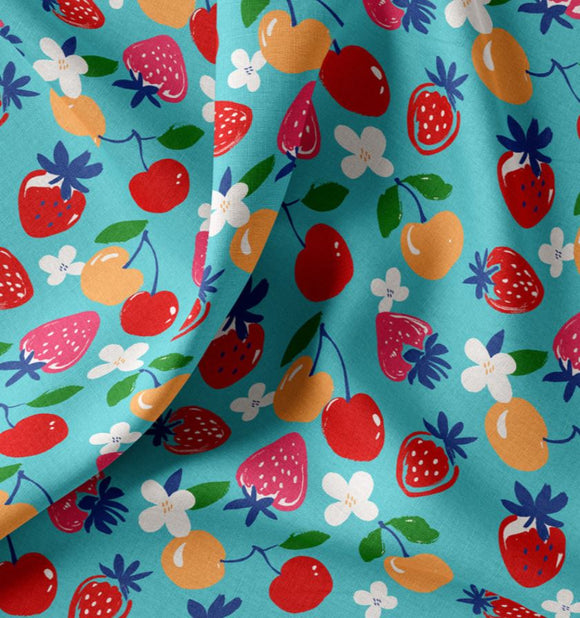 Baumwolle bedruckt Obst auf türkis *Ab 50cm