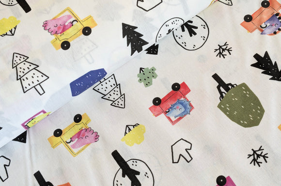 Baumwolle digital bedruckt Dinos im Auto *Ab 50cm