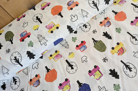 Baumwolle digital bedruckt Dinos im Auto *Ab 50cm