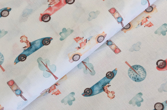Baumwolle digital bedruckt Tiere im Rennwagen *Ab 50cm