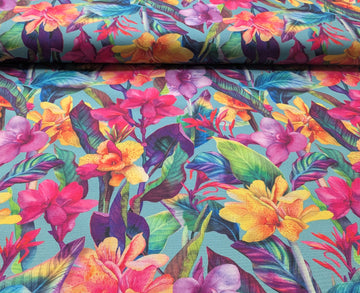 Canvas wasserabweisend Dschungelblumen petrol *Ab 50cm