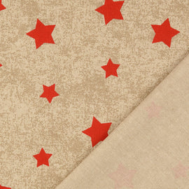 Dekostoff Halbpanama rote Sterne auf beige *Ab 50cm