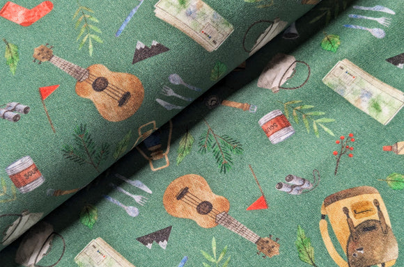 Baumwolle digital bedruckt & merzerisiert - Camping petrol *Ab 50cm