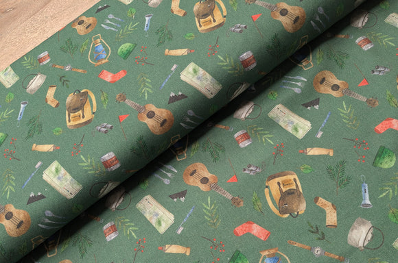 Baumwolle digital bedruckt & merzerisiert - Camping petrol *Ab 50cm