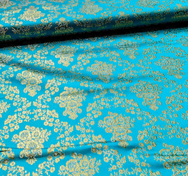 Buy 121-turkis-gold Brokatstoff Blumen mit gold *Ab 50cm