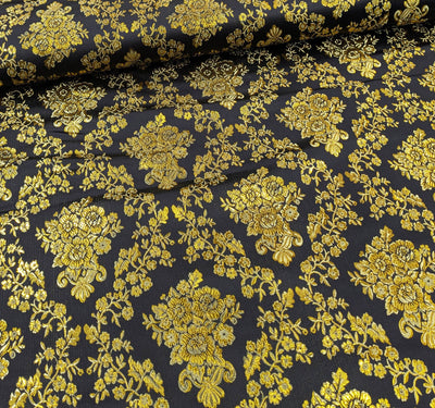 Kaufen 169-schwarz-gold Brokatstoff Blumen mit gold *Ab 50cm