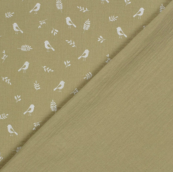 Musselin bedruckt Vögel khaki *Ab 25cm