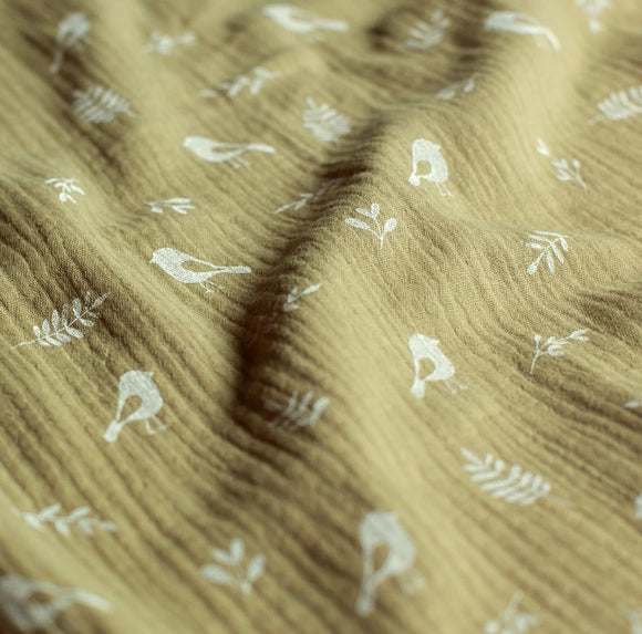 Musselin bedruckt Vögel khaki *Ab 25cm