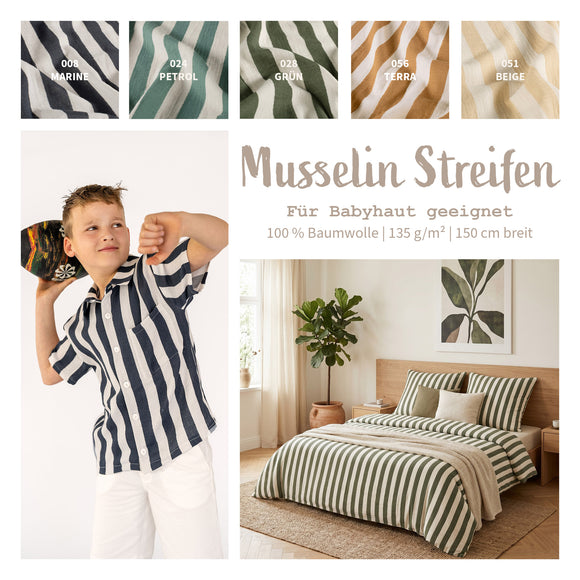 Musselin bedruckt Blockstreifen *Ab 50 cm