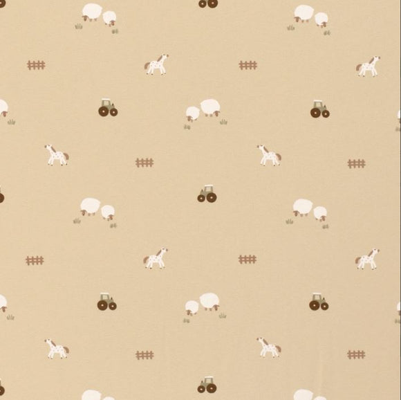 Baumwolljersey Bauernhof beige *Ab 50cm