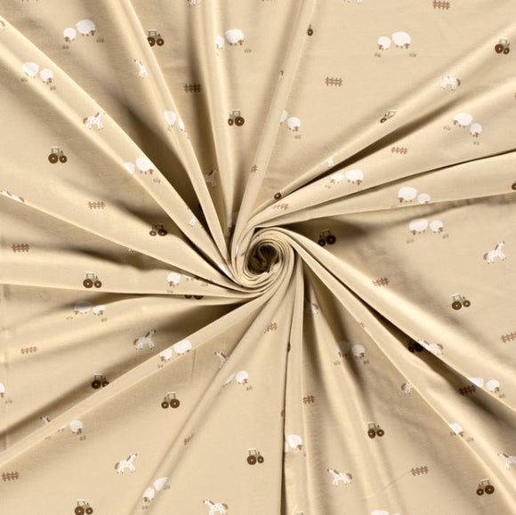 Baumwolljersey Bauernhof beige *Ab 50cm