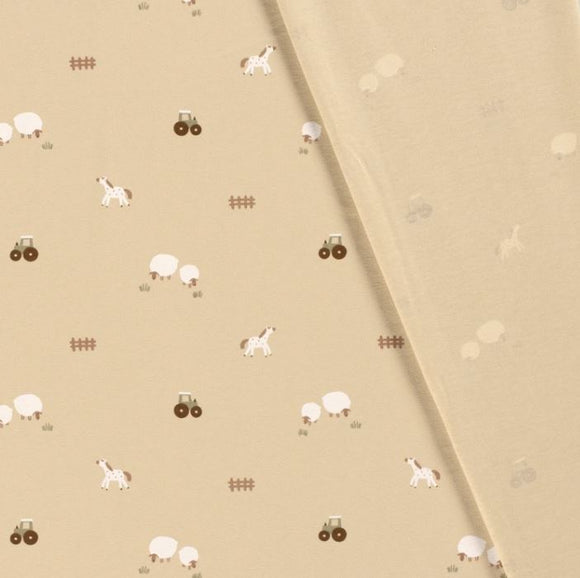 Baumwolljersey Bauernhof beige *Ab 50cm