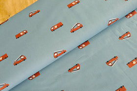 Baumwolle bedruckt Feuerwehrautos hellblau *Ab 50cm