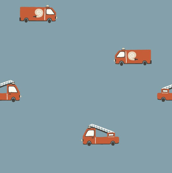 Baumwolle bedruckt Feuerwehrautos hellblau *Ab 50cm