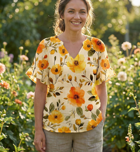 Musselin Blumen orange auf creme *Ab 50 cm - 0