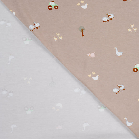 Baumwolljersey Bauernhof beige *Ab 50 cm