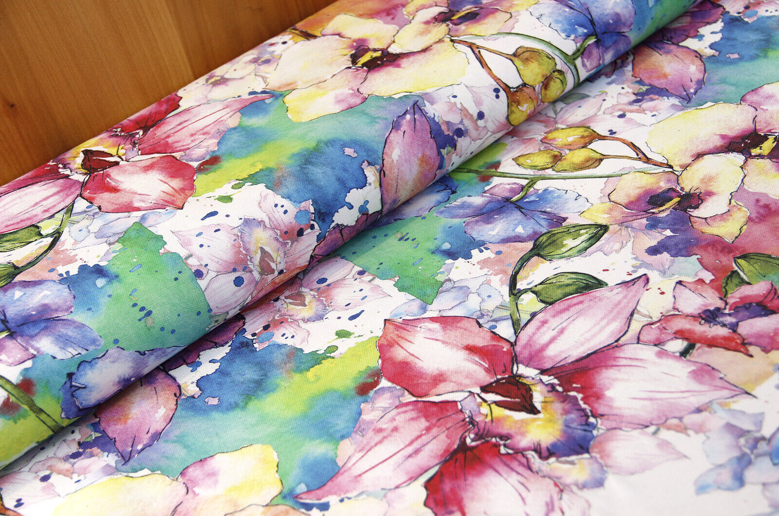 Decorative fabric half panama watercolor flowers *From 50 cm